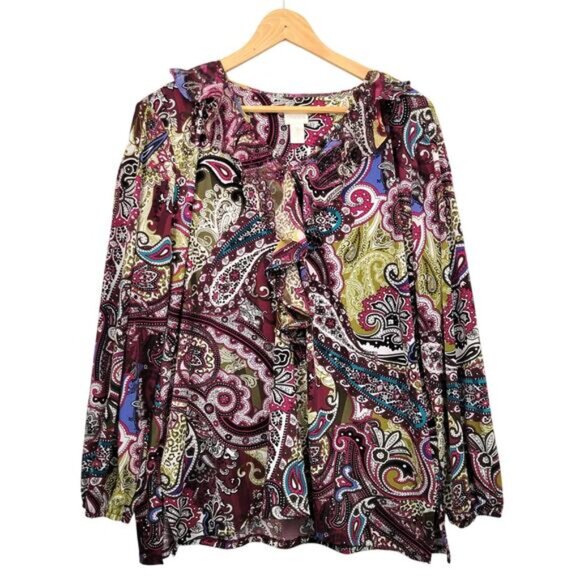 Chico's Blouse Top Women's 3, XL Paisley Ruffle Slinky Stretch Eclectic Office - Picture 1 of 8